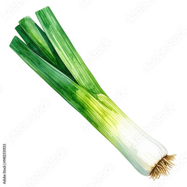 Obraz Fresh green leek vegetable watercolor painting isolated transparent background culinary ingredient