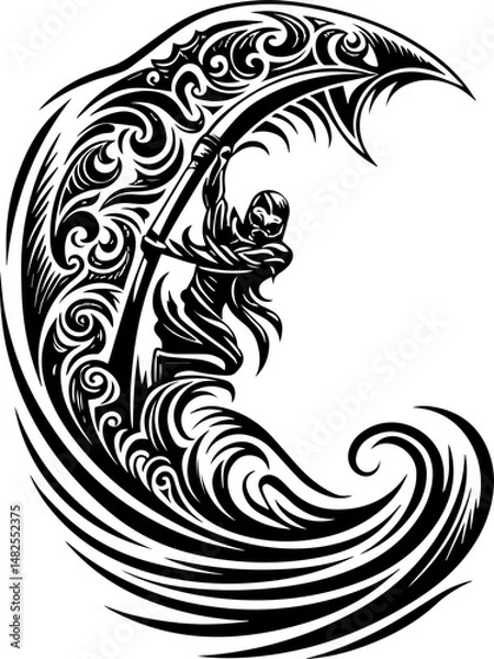 Fototapeta SVG vector of a Skull Captain holding a treasure map and saber. Adventurous Captain Riding a Massive Wave with Cultural Patterns