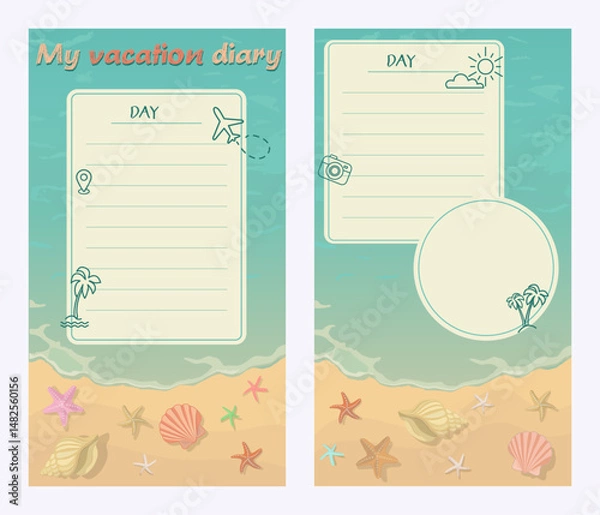 Fototapeta Templates for social media. Vacation diary. Vector illustration in blue, yellow tones. Beach,seashells,holiday icons and space for text and photos. 
