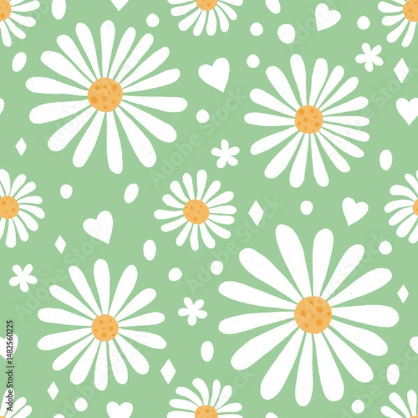 Fototapeta Chamomile flowers seamless pattern. Hand drawn isolated sparsely scattered white daisy flowers, dots and hearts on green background. Cute daisy floral baby allover backdrop