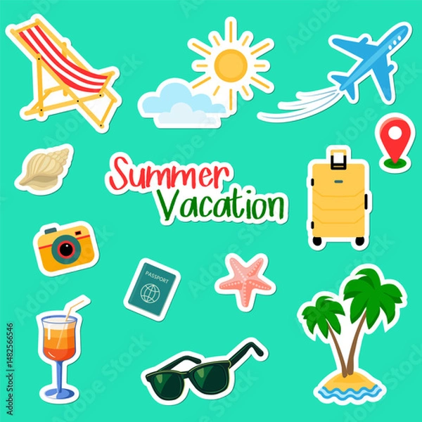 Fototapeta Collection of summer vacation stickers.Sun, plane,sunlounge,camera,cocktail,palm tree,sunglasses,suitcase,seashell.Vector cartoon illustration on  green background.For diary,scrapbooking,planner etc.