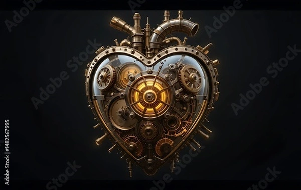 Obraz Steampunk Heart A Mechanical Marvel of Gears, Pipes, and Intricate Design, showcasing the beauty of intricate clockwork and golden hues
