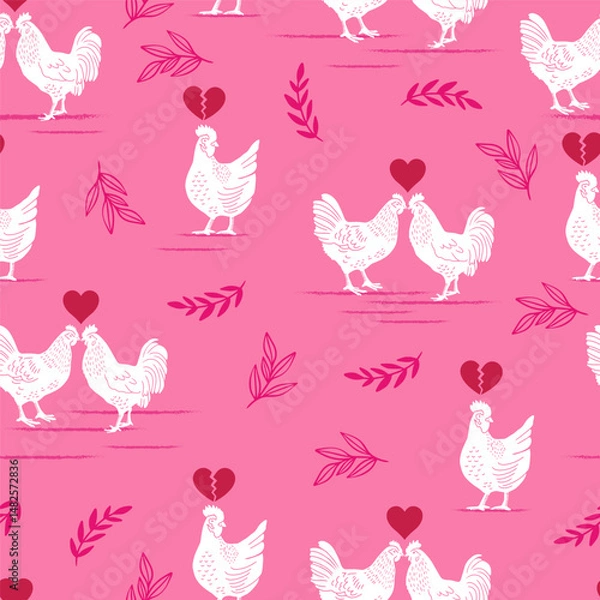 Fototapeta Funny Chicken Love Triangle Valentine Vector Seamless Pattern