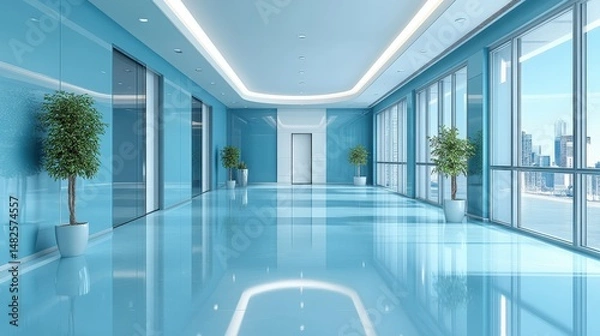 Obraz Modern Corporate Hallway with Blue Walls and Large Windows