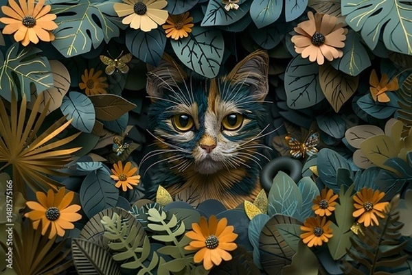 Obraz Calico Cat Hidden Among Paper Flowers and Leaves