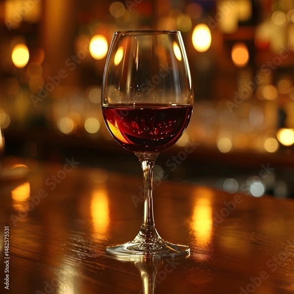 Obraz Glass of Red Wine on a Bar Counter with Warm Lighting