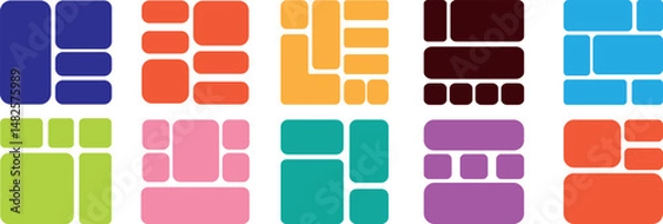 Fototapeta Bento style layout grid templates. bento box photo frame collage layout. Light mood board mockup horizontal banner.  Colorful trendy geometric brick layout collection. Pictures collages with trendy Y2