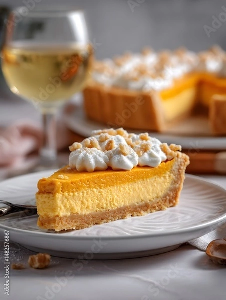 Obraz Delicious Slice of Pumpkin Cheesecake with Whipped Cream and Walnuts