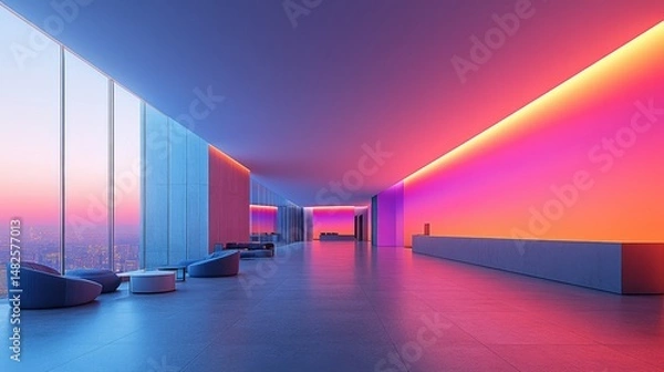 Obraz Modern Interior Space with Vibrant Lighting and Scenic View