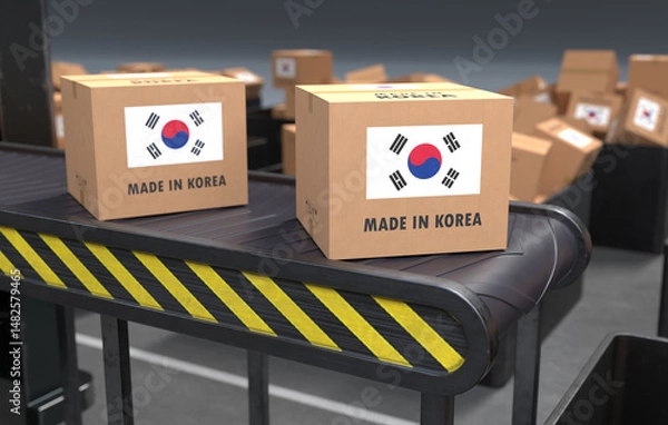 Fototapeta Made in Korea products on conveyor belt. 3D illustration