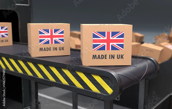 Fototapeta Made in UK products on conveyor system. 3D illustration