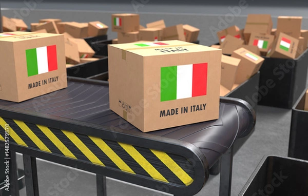 Fototapeta Made in Italy products on conveyor belt. 3D illustration