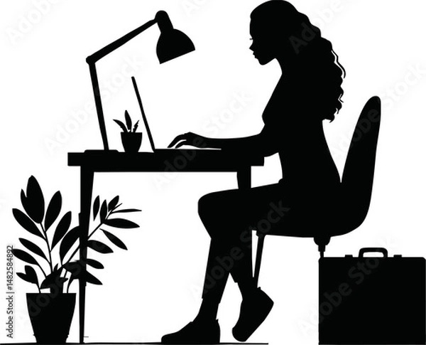 Fototapeta Vector silhouette of an office worker juggling tasks at a desk, multitasking with computer, papers, coffee cup, minimal busy workday concept in black and white