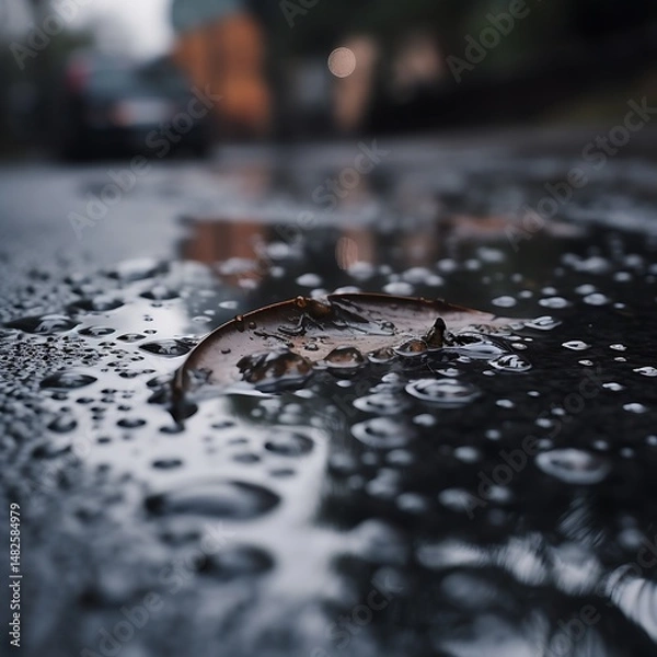 Fototapeta Rainy Puddle Leaf.