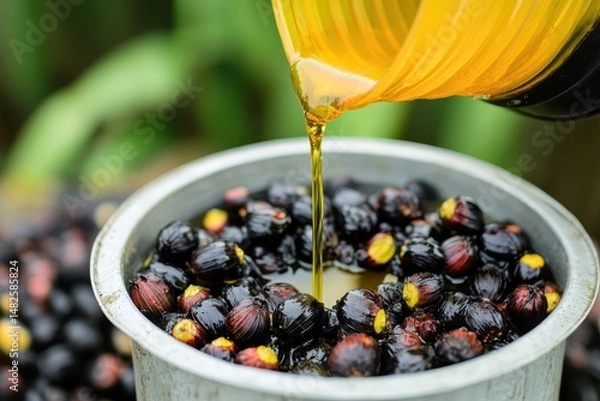 Fototapeta Harvesting Fresh Oil from Dark Fruits in a Rustic Metal Container