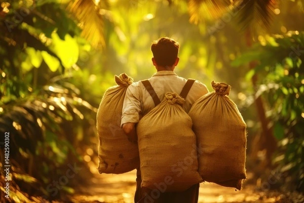 Fototapeta Man Carrying Bags Through Lush Green Path in Sunlit Jungle Setting