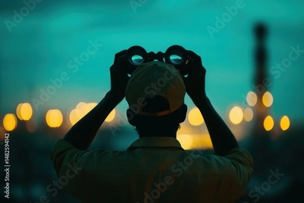 Fototapeta Person Observing Distant Landscape with Binoculars at Twilight