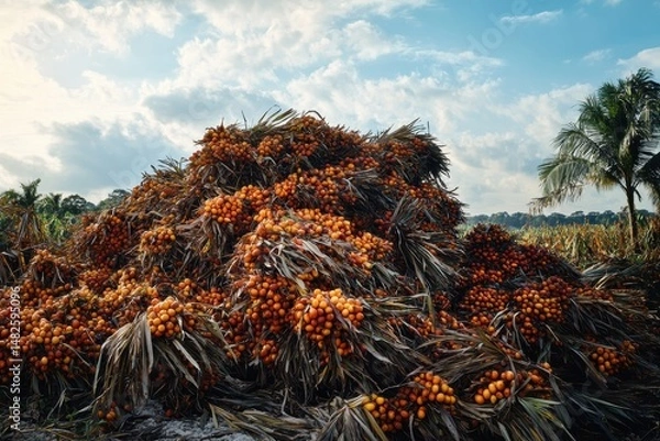 Fototapeta Pile of Harvested Sugarcane with Lush Background and Cloudy Sky