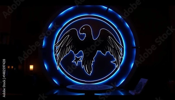 Fototapeta Illuminated eagle emblem with neon blue accents against dark backdrop