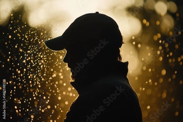Fototapeta Silhouette of a Man Against a Golden Sunset with Glowing Bokeh