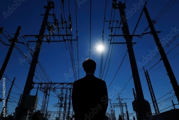 Fototapeta Silhouette of a Person Near Power Lines Against a Bright Sky