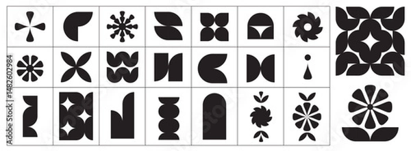 Obraz Flower shape vector, floral icon set, flowers vector silhouette, symmetrical floral patterns, petals, abstract blossoms, nature design floral elements illustrations. Different Figures of decorations