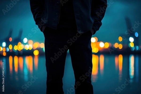 Fototapeta Silhouette of Person at Night with Colorful Bokeh Background