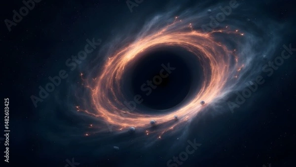Fototapeta 
 Black Hole in Deep Space - Realistic depiction of a black hole with swirling gas and light distortion, pulling surrounding stars into its gravitational field.
