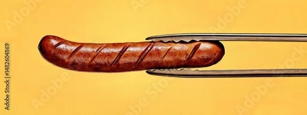 Obraz grilled smoked sausage being held with barbecue tongs . aspect ratio 8:3