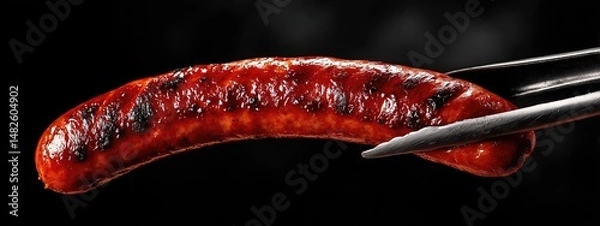Obraz grilled smoked sausage being held with barbecue tongs . aspect ratio 8:3