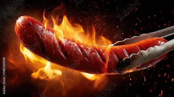 Obraz grilled smoked sausage being held with barbecue tongs . aspect ratio 16:9