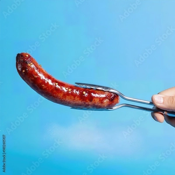Obraz grilled smoked sausage being held with barbecue tongs . aspect ratio 1:1
