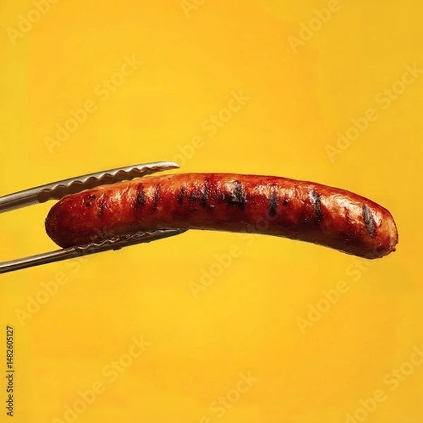 Obraz grilled smoked sausage being held with barbecue tongs . aspect ratio 1:1