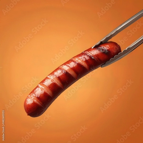 Obraz grilled smoked sausage being held with barbecue tongs . aspect ratio 1:1
