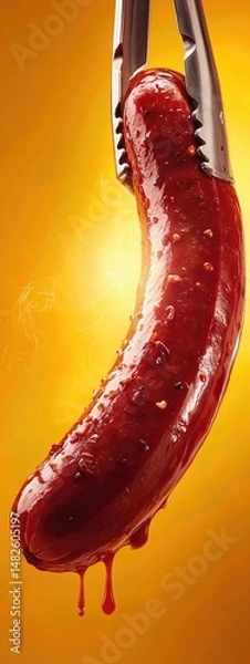 Obraz grilled smoked sausage being held with barbecue tongs . aspect ratio 3:8