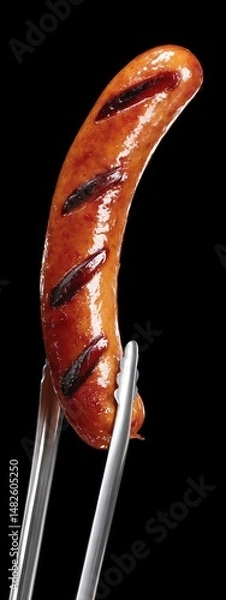 Obraz grilled smoked sausage being held with barbecue tongs . aspect ratio 3:8