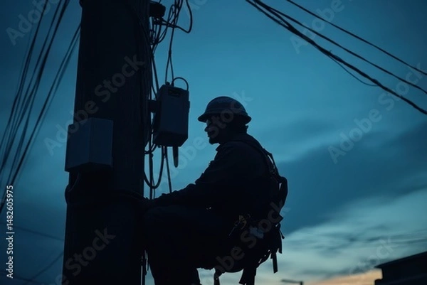 Fototapeta Silhouette of Worker on Utility Pole Against Evening Sky