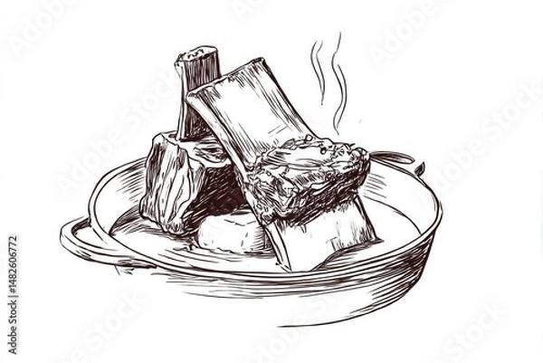 Obraz Ribs Stack Savory Beef with Plate, and Aroma Food art illustration.