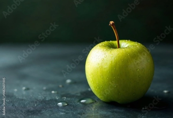 Obraz Fresh green apple covered with water droplets on dark background
