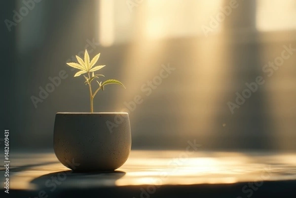 Fototapeta Sunlit Cannabis Plant Growing in a Pot with Soft Background Light