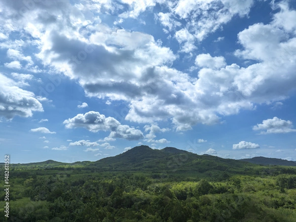 Obraz Green mountains and beautiful sky clouds under the blue sky ,  Wild flowers on a green grass meadow. 