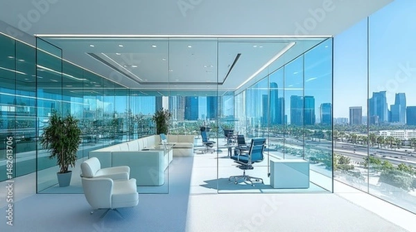 Obraz Modern Office Interior with Panoramic City View and Glass Walls