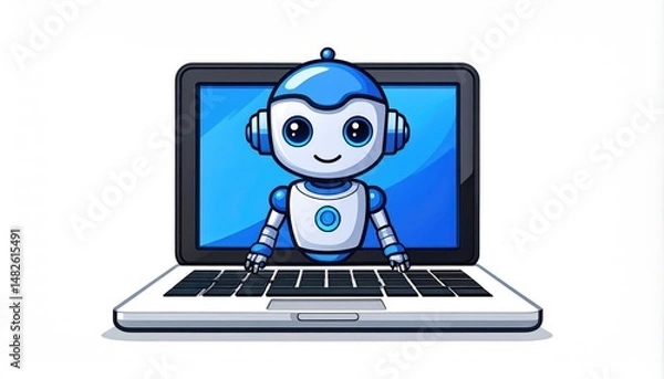 Fototapeta Friendly Robot Emerging from Laptop Screen: A Cheerful Digital Illustration