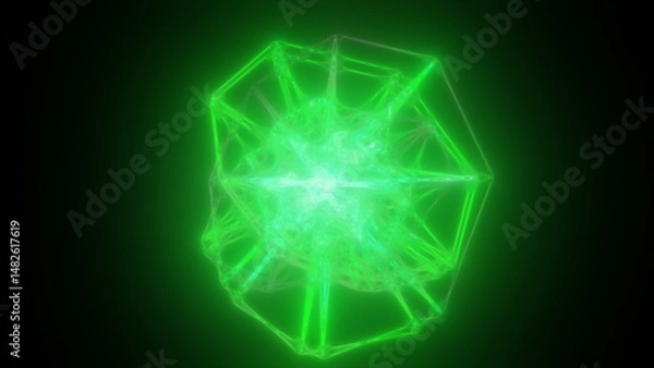 Fototapeta Glowing green energy sphere with digital threads and polygonal shape on a dark background