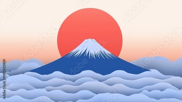 Fototapeta Majestic Mount Fuji rises above clouds with a vibrant sunset in a serene landscape