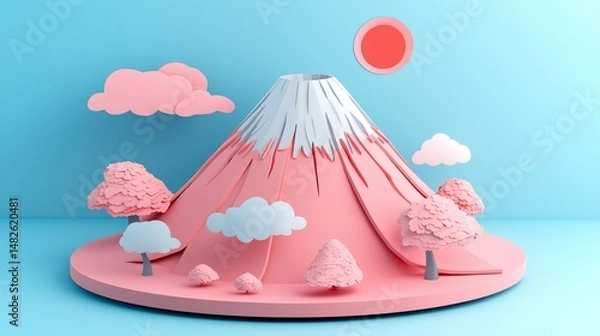 Fototapeta Colorful paper mountain with pink trees and a red sun during daylight
