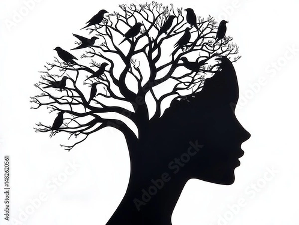 Fototapeta Silhouette of a woman's profile with a tree and birds, showcasing nature and identity