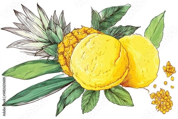 Obraz Refreshing Pineapple and Lemon Sorbet: A Tropical Delight with Vibrant Yellow Hues and Lush Green Foliage, Hand-Drawn Illustration