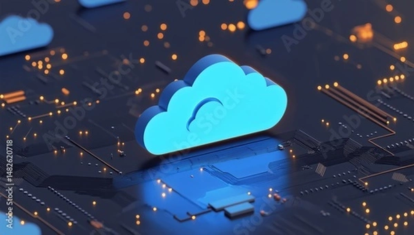 Fototapeta Modern cloud computing technology represented with illuminated cloud icons on a circuit board