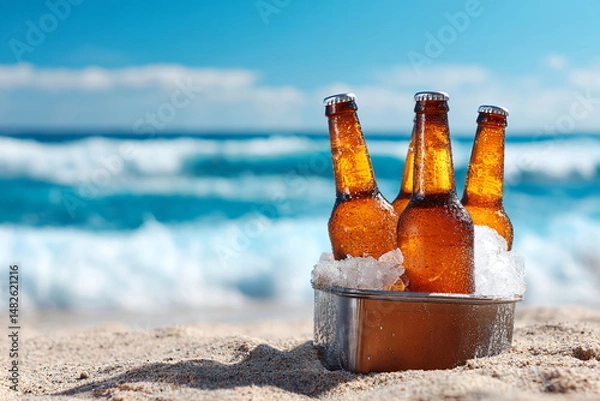 Fototapeta Bottles of beer in ice bucket on sandy beach with sea background